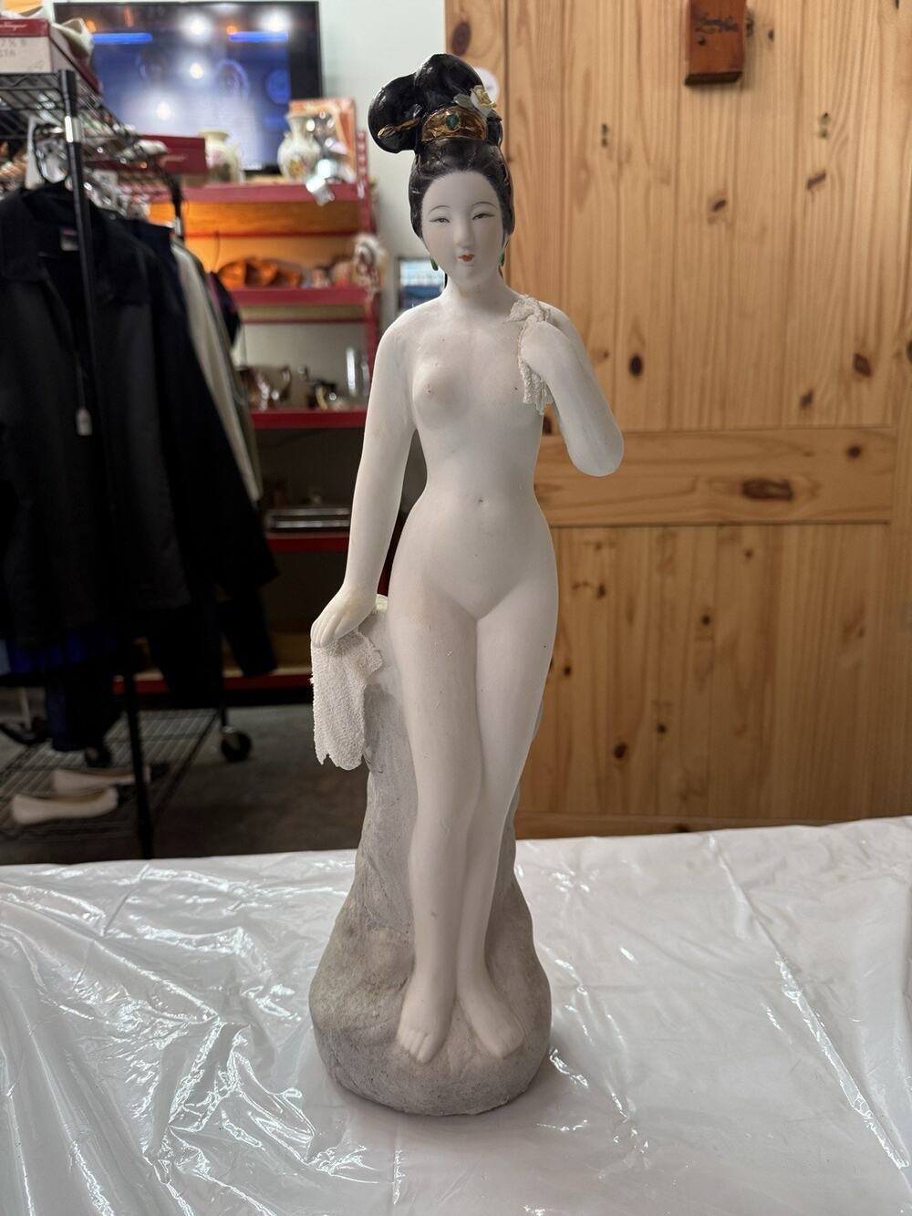 Vintage Chinese Asian Lady Bisque Porcelain Figurine Standing Rock 18.5” Bathing